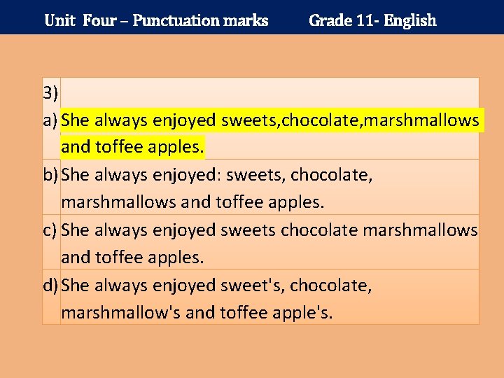 Unit Four – Punctuation marks Grade 11 - English 3) a) She always enjoyed