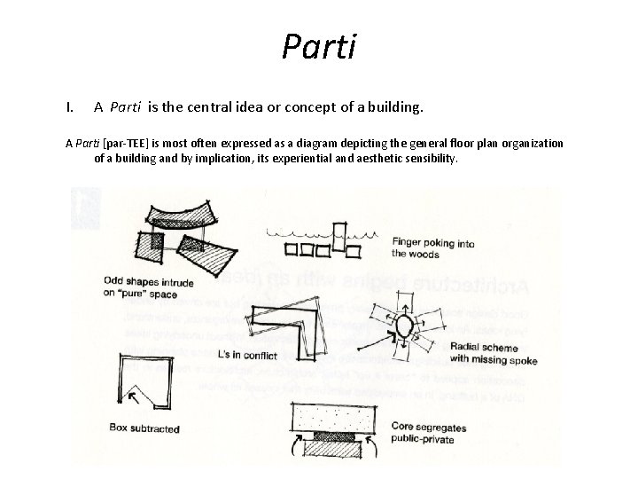 Parti I. A Parti is the central idea or concept of a building. A