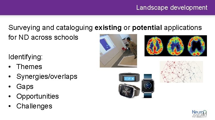 Landscape development Surveying and cataloguing existing or potential applications for ND across schools Identifying: