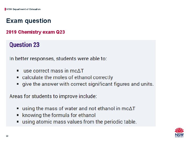 NSW Department of Education Exam question 2019 Chemistry exam Q 23 22 