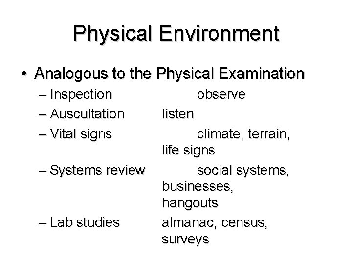 Physical Environment • Analogous to the Physical Examination – Inspection – Auscultation – Vital