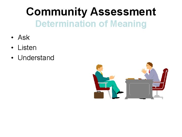 Community Assessment Determination of Meaning • Ask • Listen • Understand 