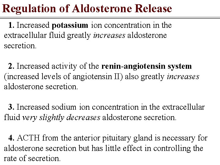 Regulation of Aldosterone Release 1. Increased potassium ion concentration in the extracellular fluid greatly