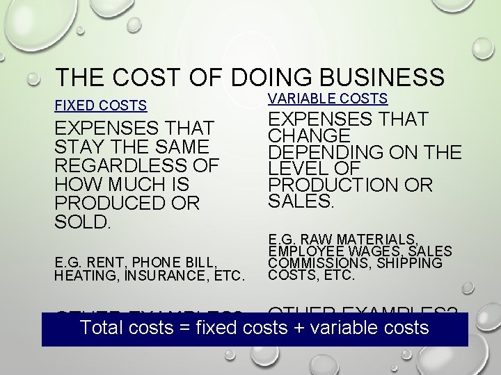 THE COST OF DOING BUSINESS FIXED COSTS EXPENSES THAT STAY THE SAME REGARDLESS OF