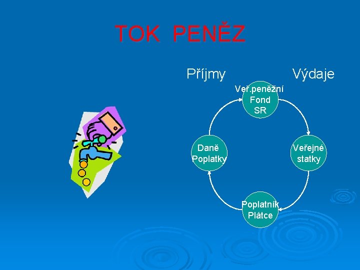 TOK PENĚZ Příjmy Výdaje Veř. peněžní Fond SR Daně Poplatky Veřejné statky Poplatník Plátce