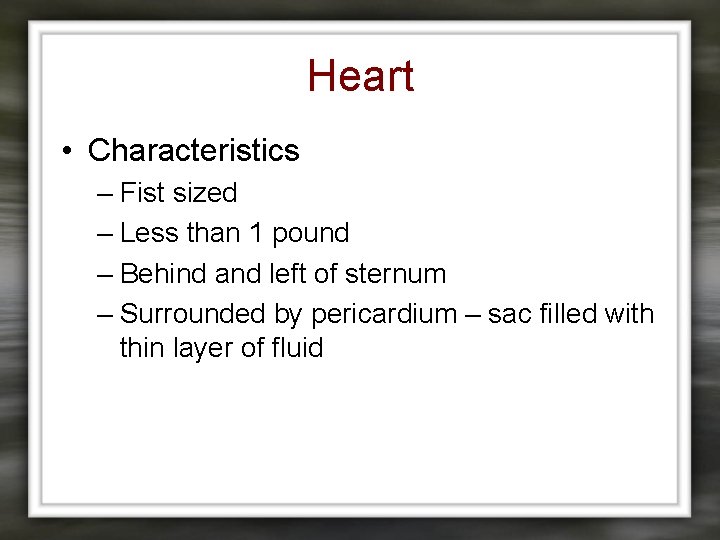 Heart • Characteristics – Fist sized – Less than 1 pound – Behind and