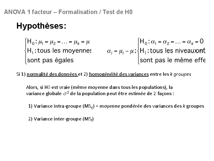 ANOVA 1 facteur – Formalisation / Test de H 0 Hypothèses: Si 1) normalité