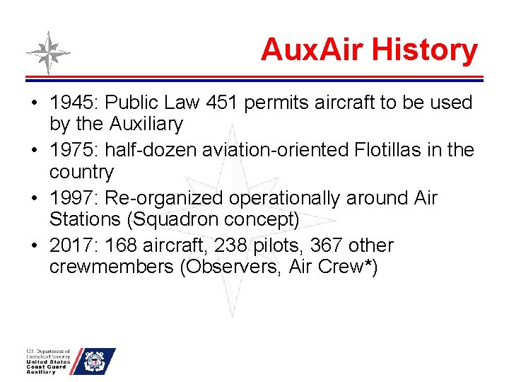 Aux. Air History • 1945: Public Law 451 permits aircraft to be used by