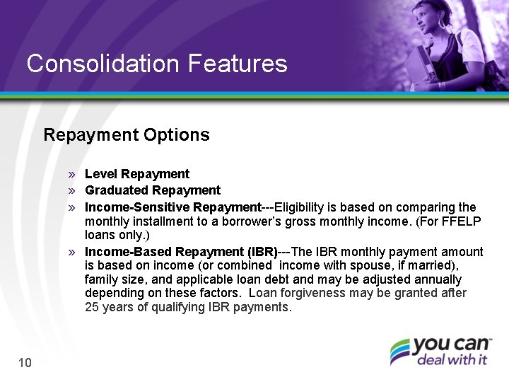 Consolidation Features Repayment Options » Level Repayment » Graduated Repayment » Income-Sensitive Repayment---Eligibility is
