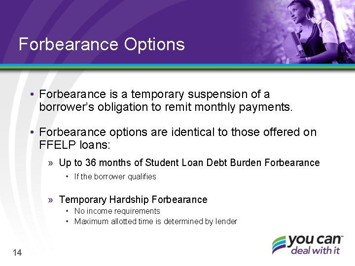Forbearance Options • Forbearance is a temporary suspension of a borrower’s obligation to remit