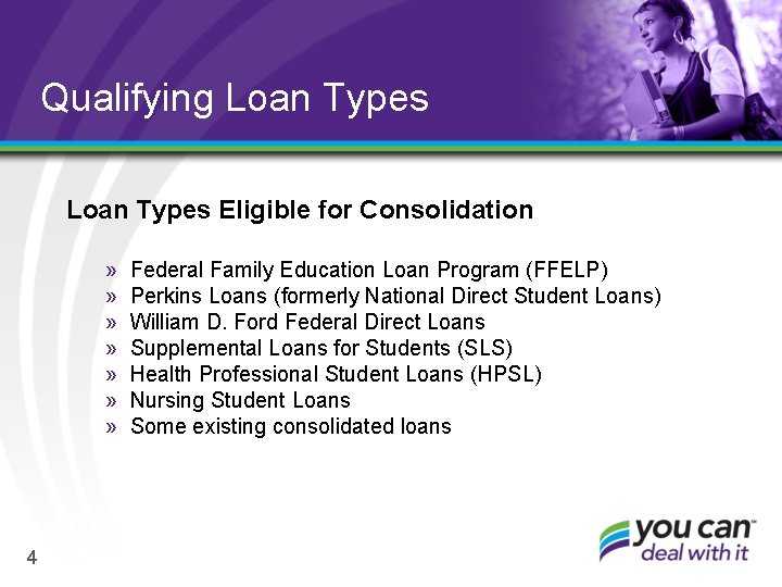 Qualifying Loan Types Eligible for Consolidation » » » » 4 Federal Family Education