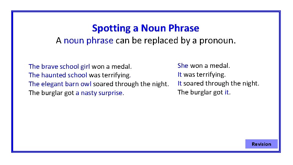 Spotting a Noun Phrase A noun phrase can be replaced by a pronoun. The