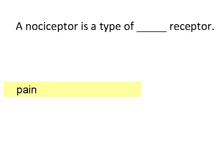 A nociceptor is a type of _____ receptor. pain 