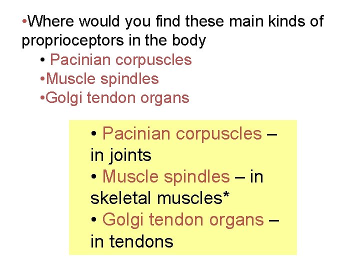  • Where would you find these main kinds of proprioceptors in the body