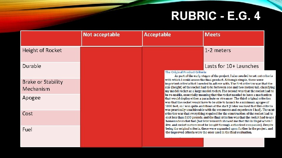 RUBRIC - E. G. 4 Not acceptable Acceptable Meets Height of Rocket 1 -2 RUBRIC - E. G. 4 Not acceptable Acceptable Meets Height of Rocket 1 -2