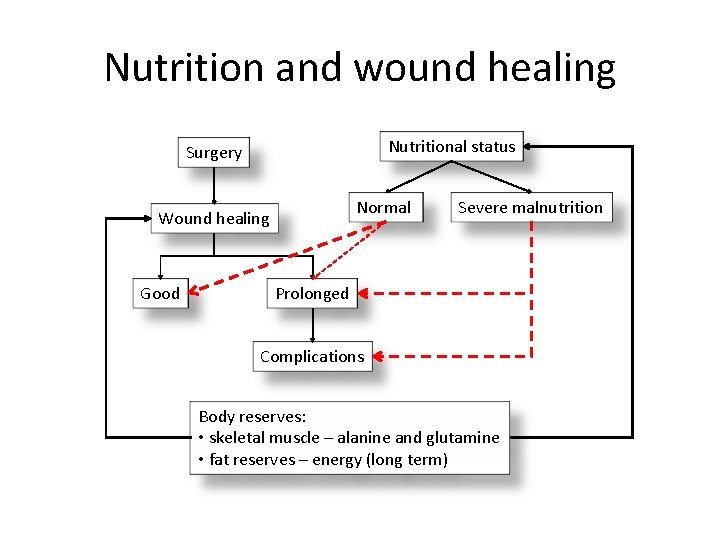 Nutrition and wound healing Nutritional status Surgery Normal Wound healing Good Severe malnutrition Prolonged