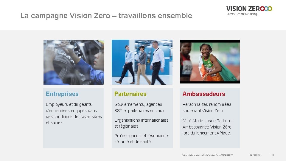 La campagne Vision Zero – travaillons ensemble Entreprises Partenaires Ambassadeurs Employeurs et dirigeants d'entreprises