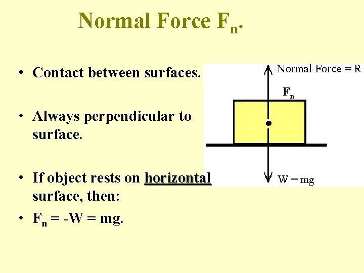 Normal Force Fn. • Contact between surfaces. Fn • Always perpendicular to surface. •