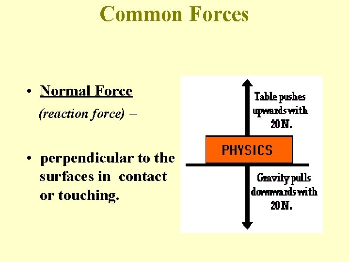 Common Forces • Normal Force (reaction force) – • perpendicular to the surfaces in