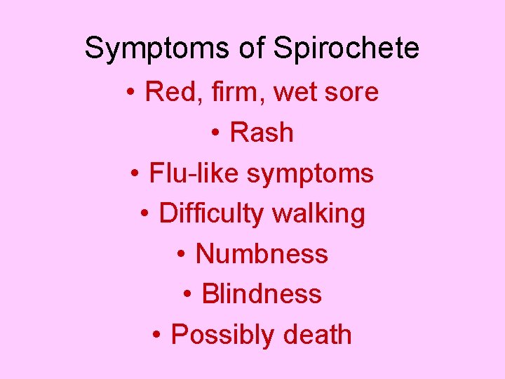 Symptoms of Spirochete • Red, firm, wet sore • Rash • Flu-like symptoms •