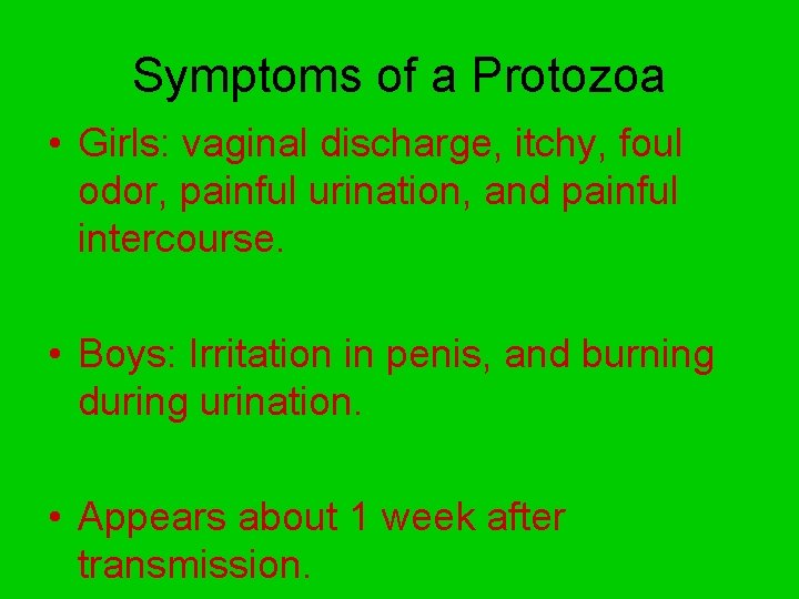 Symptoms of a Protozoa • Girls: vaginal discharge, itchy, foul odor, painful urination, and