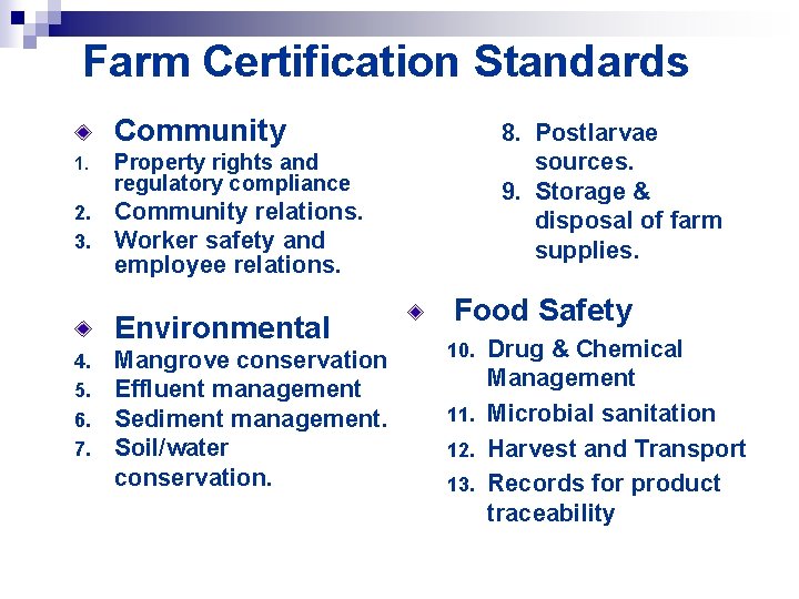 Farm Certification Standards Community 1. Property rights and regulatory compliance 2. 3. Community relations.