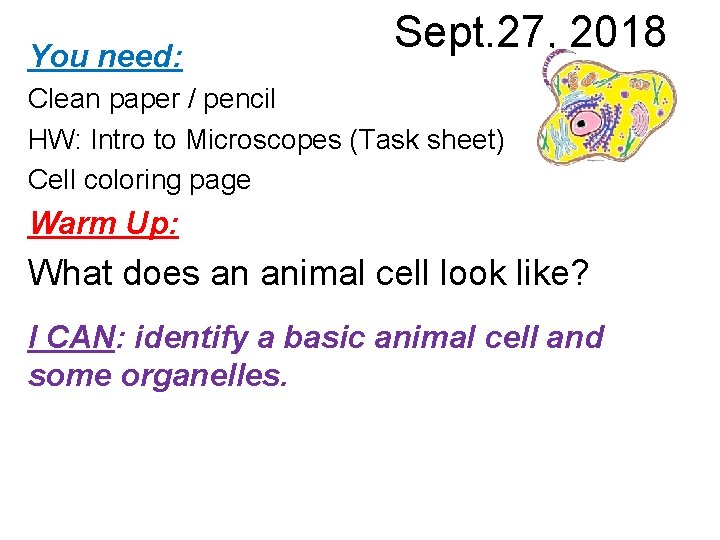 You need: Sept. 27, 2018 Clean paper / pencil HW: Intro to Microscopes (Task