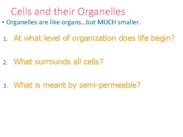 Cells and their Organelles • Organelles are like organs…but MUCH smaller. 1. At what