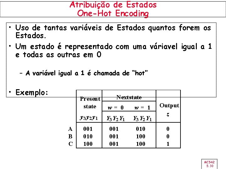 Atribuição de Estados One-Hot Encoding • Uso de tantas variáveis de Estados quantos forem