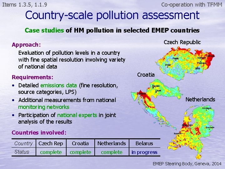 Co-operation with TFMM Items 1. 3. 5, 1. 1. 9 Country-scale pollution assessment Case