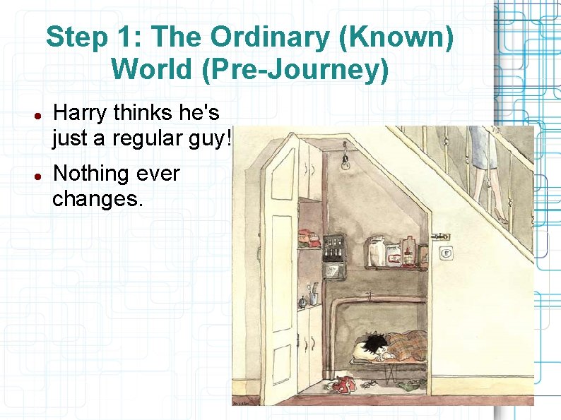 Step 1: The Ordinary (Known) World (Pre-Journey) Harry thinks he's just a regular guy!