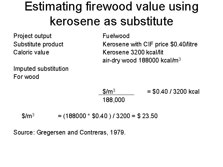 Estimating firewood value using kerosene as substitute Project output Substitute product Caloric value Fuelwood