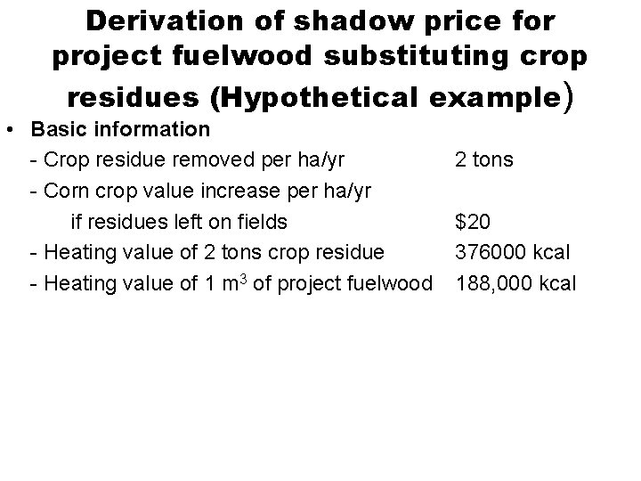 Derivation of shadow price for project fuelwood substituting crop residues (Hypothetical example) • Basic