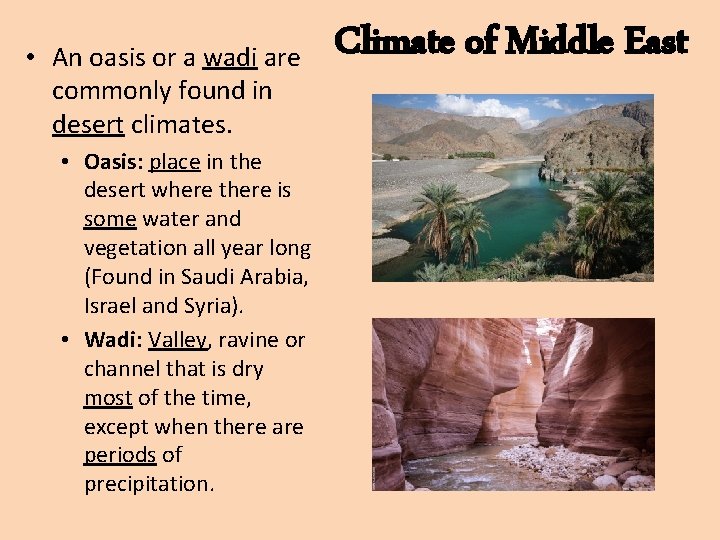  • An oasis or a wadi are commonly found in desert climates. •