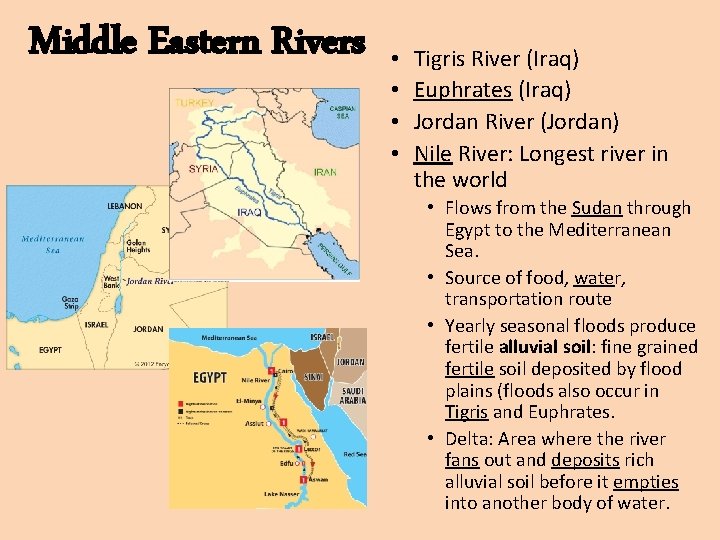 Middle Eastern Rivers • • Tigris River (Iraq) Euphrates (Iraq) Jordan River (Jordan) Nile