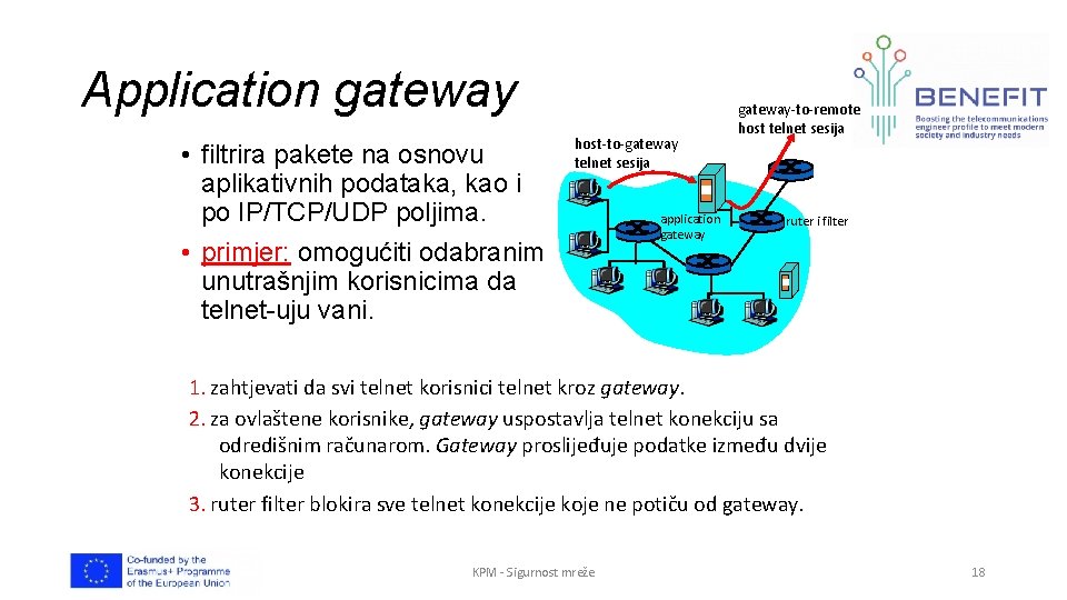 Application gateway • filtrira pakete na osnovu aplikativnih podataka, kao i po IP/TCP/UDP poljima.