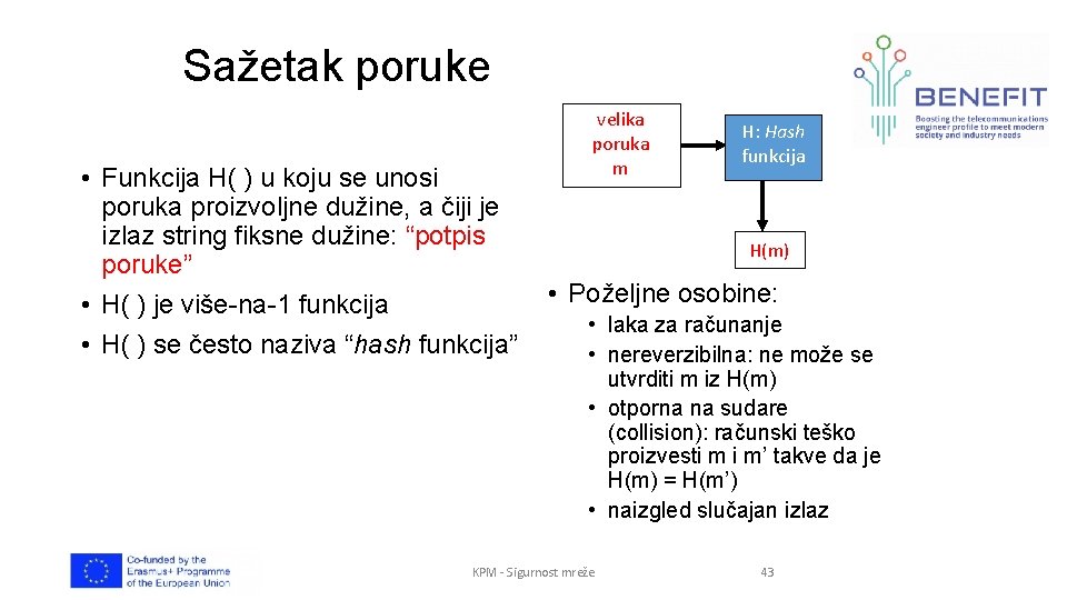 Sažetak poruke • Funkcija H( ) u koju se unosi poruka proizvoljne dužine, a