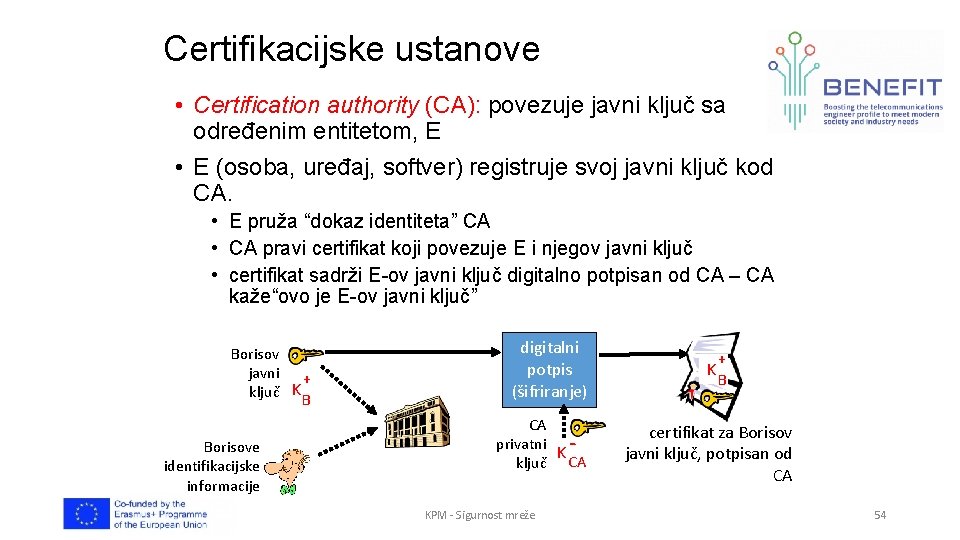 Certifikacijske ustanove • Certification authority (CA): povezuje javni ključ sa određenim entitetom, E •