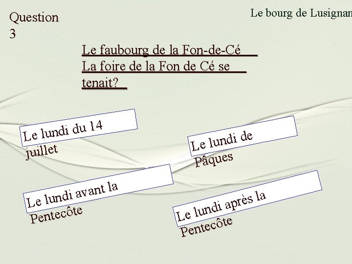 Le bourg de Lusignan Question 3 Le faubourg de la Fon-de-Cé La foire de