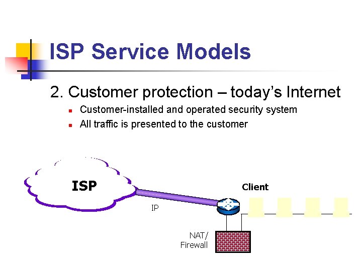 ISP Service Models 2. Customer protection – today’s Internet n n Customer-installed and operated