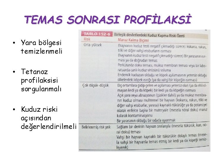 TEMAS SONRASI PROFİLAKSİ • Yara bölgesi temizlenmeli • Tetanoz profilaksisi sorgulanmalı • Kuduz riski TEMAS SONRASI PROFİLAKSİ • Yara bölgesi temizlenmeli • Tetanoz profilaksisi sorgulanmalı • Kuduz riski