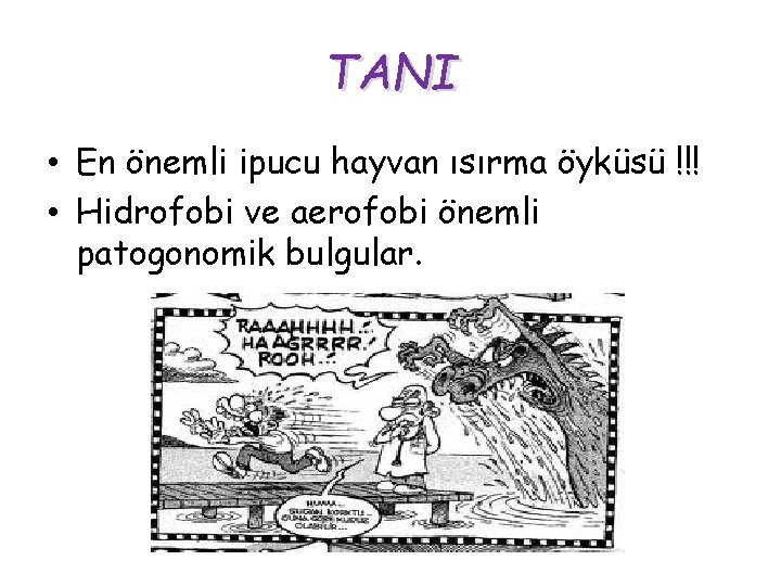TANI • En önemli ipucu hayvan ısırma öyküsü !!! • Hidrofobi ve aerofobi önemli TANI • En önemli ipucu hayvan ısırma öyküsü !!! • Hidrofobi ve aerofobi önemli