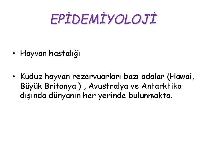 EPİDEMİYOLOJİ • Hayvan hastalığı • Kuduz hayvan rezervuarları bazı adalar (Hawai, Büyük Britanya ) EPİDEMİYOLOJİ • Hayvan hastalığı • Kuduz hayvan rezervuarları bazı adalar (Hawai, Büyük Britanya )