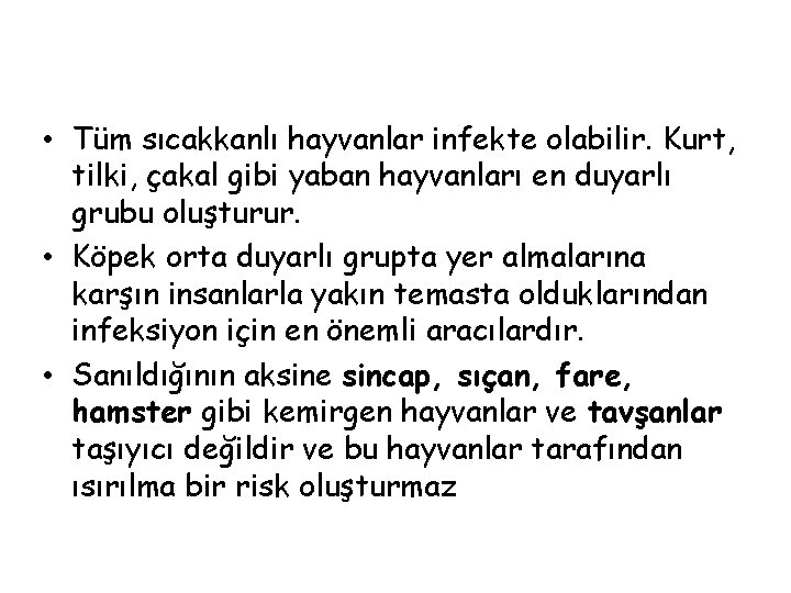 • Tüm sıcakkanlı hayvanlar infekte olabilir. Kurt, tilki, çakal gibi yaban hayvanları en • Tüm sıcakkanlı hayvanlar infekte olabilir. Kurt, tilki, çakal gibi yaban hayvanları en