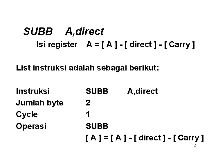 SUBB A, direct Isi register A = [ A ] - [ direct ]