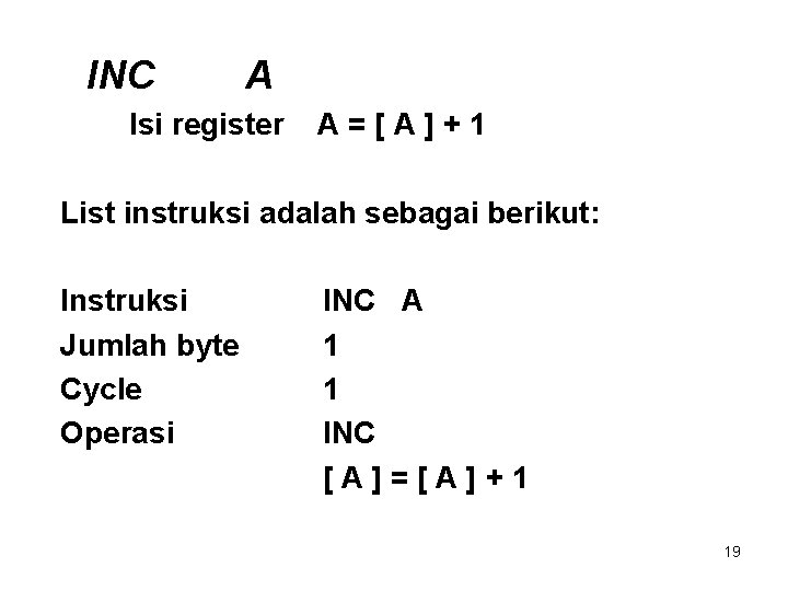 INC A Isi register A=[A]+1 List instruksi adalah sebagai berikut: Instruksi Jumlah byte Cycle