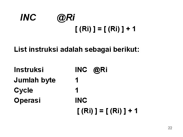 INC @Ri [ (Ri) ] = [ (Ri) ] + 1 List instruksi adalah