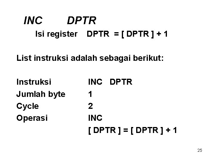 INC DPTR Isi register DPTR = [ DPTR ] + 1 List instruksi adalah