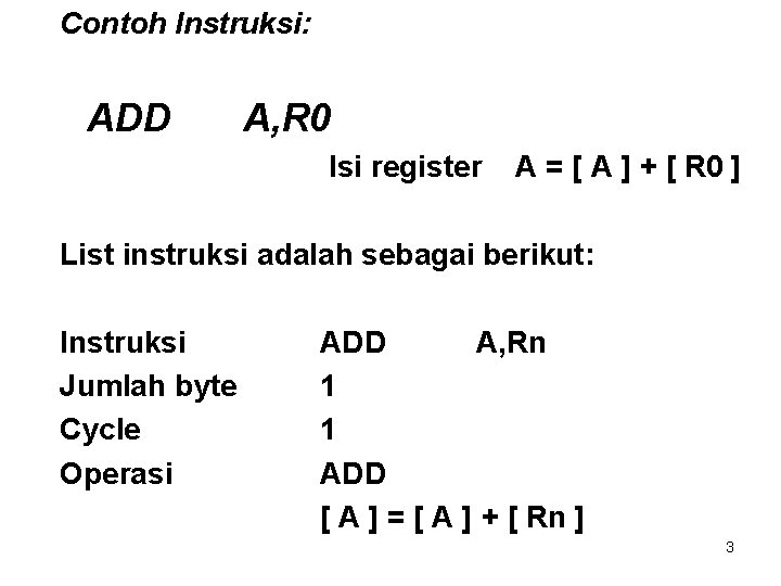 Contoh Instruksi: ADD A, R 0 Isi register A = [ A ] +