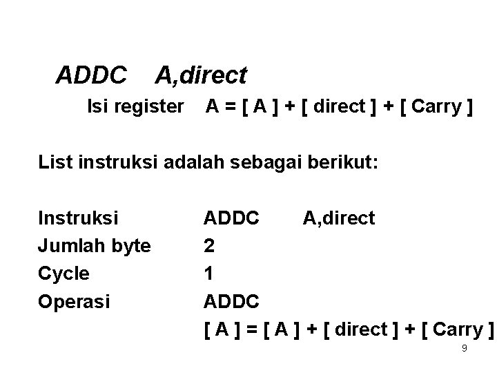 ADDC A, direct Isi register A = [ A ] + [ direct ]